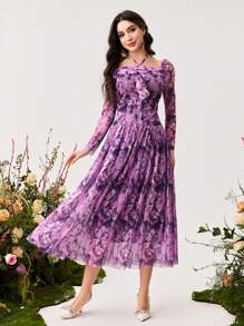 Modelyn Vestido maxi elegante sin mangas con cuello halter y malla con estampado floral para mujer