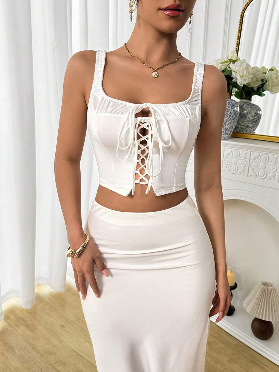 Zolique Women's White Satin Front Tie Tank Top, Casual Daily Wear, Valentine's Day,Summer For Women,Corset Tops For Women,Going Out Tops Women,Vintage Tops - White - View 1