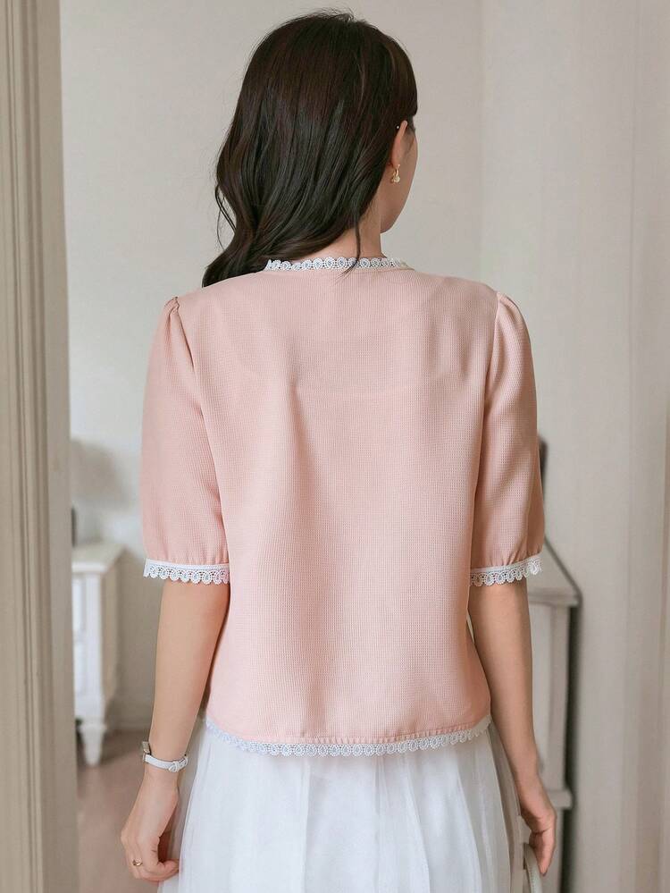 Women's Lace Trim V-Neck Puff Sleeve Solid Color Patchwork Front Button Shirt