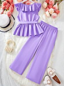 SHEIN 2pcs/Set Girls Elegant V-Neck Ruffle Belt Long Pants Outfit - Lilac Purple - View 2