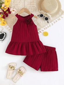 2pcs/Set Little Girls Summer Floral Halter Chiffon Ruffled Top And Shorts Set, Vacation Elegant Outfit - Burgundy - View 1