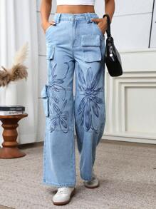 TrendSteals 女士花卉印花工装口袋宽腿宽松休闲牛仔裤 - 藍色 - 查看 3