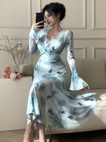 DAZY Full Floral Print V-Neck Bubble Puff Sleeve Fishtail Midi Dress For Women,Ruffle,Fall Dress Long Sleeve Dress - Blue - View 5
