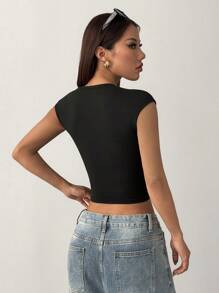 SHEIN Unity Women's Fashion Mesh Patchwork Solid Color Cap Sleeve Short Sleeve Round Neck T-Shirt - Black - View 2