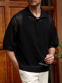 Manfinity Homme Men's Solid Color Hollow-Out Casual Knit Top Short Sleeve - Multicolor - View 1