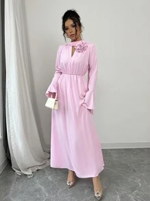 SHEIN Unity 女士优雅纯色 3D 花卉荷叶边袖系带中长连衣裙 - 粉色 - 查看 5