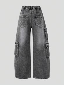 Girls' Street Fashion Casual Versatile Utility Asymmetric Multi-Pocket Washed Gray Loose Straight Leg Jeans, Excluding T-Shirt And Accessories - Grey - View 2