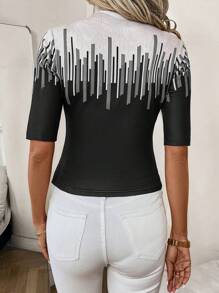 SHEIN Clasi Women's Stand Collar Short Sleeve Printed Casual Blouse, Daily Wear - Multicolor - View 2