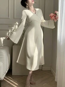 DAZY Women's Solid Color V-Neck Flare Sleeve Tie-Up Mid-Length Dress, Elegant For Wedding Guest Attire, Spring/Fall Prom Dress Elegant,Back To School Clothes Long Sleeve Dress - Beige - View 6