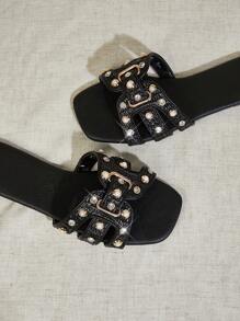 SHUZIA Nya kvinnors Oran Black Color H Cut-Out Fashionabla platt sandal vårskor - Svart - Visa 4