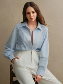 Anewsta Áo cánh ren Lyocell màu xanh công sở dành cho nữ mặc đi làm, mùa xuân - Màu xanh lam - Xem 2