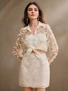 Anewsta 女士优雅杏色半透明 3D 花卉领衬衫，适合情人节、度假、新年、夏季海滩 - 杏色 - 查看 4