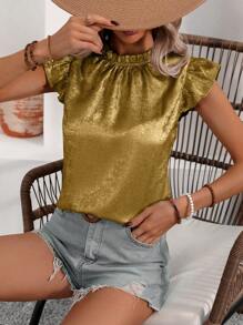 SHEIN LUNE Metallic Round Neck Ruffle Edge Decor Loose Fit Shirt For New Year Holiday Party Clothes - Gold - View 4