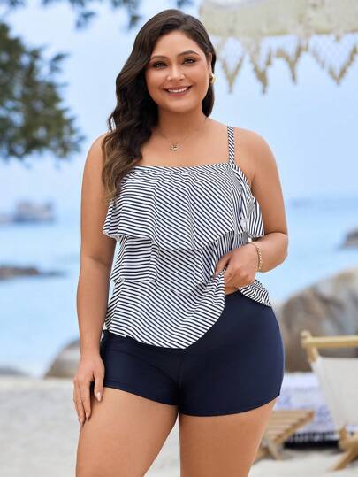 Swim Lushoire Traje de baño tipo tankini de 2 piezas, con estampado de rayas, ajuste de tirantes para mujer talla grande, ideal para vacaciones, verano y playa