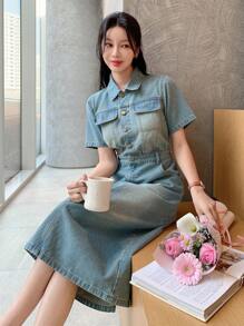 DAZY Western Style Women's Denim Clothing Washed Slit Pocket Ladies Denim Dress - Medium Wash - View 1