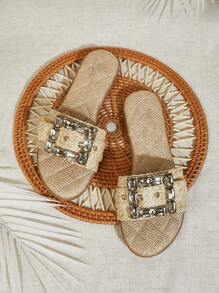 SHUZIA Women's Luxurious Big Rhinestone Buckle Open Toe Quilted Insole Flat Rafia Slides Versatile, Comfortable Spring Break Easter Vacation Shoes Casual Shoes Beach Shoes