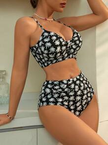 Swim Lushoire Stroje plażowe dla kobiet, swobodny dwukolorowy materiał teksturowany palm tree twist bikini set