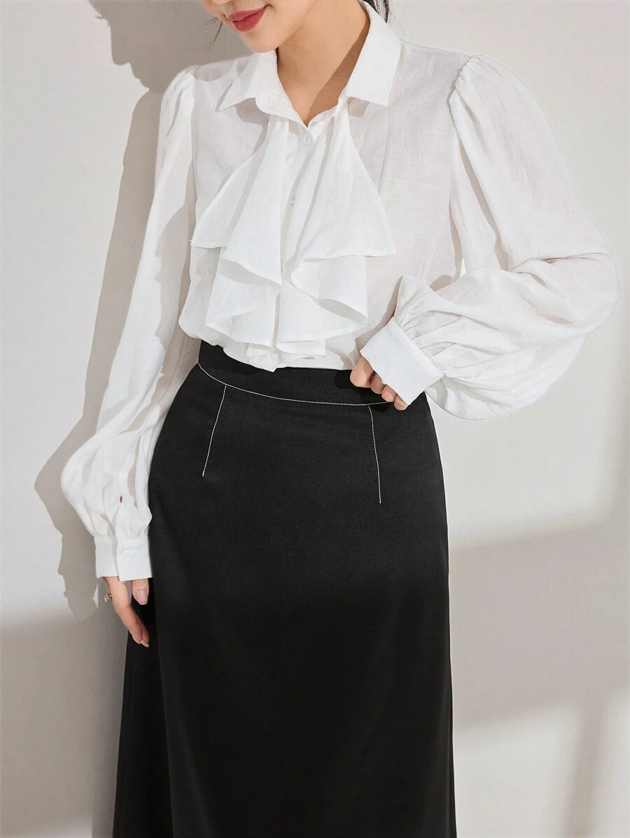 Modelyn 2pcs Women Set: Lantern Sleeve Top And A-Line Skirt, Spring/Summer - Multicolor - View 1