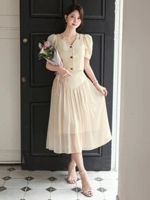 DAZY 女士两件套办公休闲套装，短款泡泡袖镂空纯色上衣和半身裙 - 杏色 - 查看 4