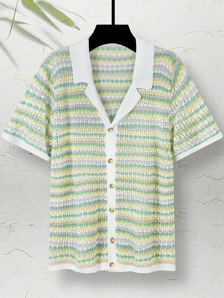 Manfinity Homme Men's Solid Color Snap Front Short Sleeve Casual Knit Top - Multicolor - View 1