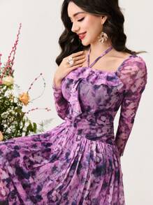 Modelyn Vestido maxi elegante sin mangas con cuello halter y malla con estampado floral para mujer