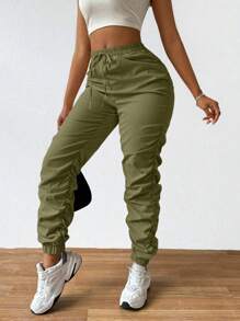 Zolique Women's Pleated Cuffed Hem Jogger Pants Fall Cloth For Women - Army Green - View 5
