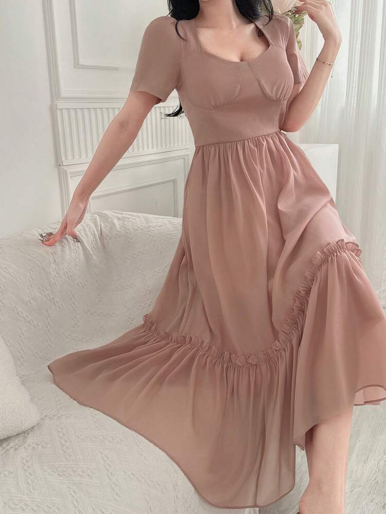 Women's Midi Dress With Mesh Patchwork, Frill Trim And Puff Sleeves Linen,Casual Women Dresses