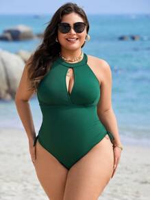 SHEIN Swim Curve Plus Size Women's Solid Color Textured Hollow Back Drawcord One-Piece Swimsuit, Slimming Waist Design, Summer - Dark Green - View 5