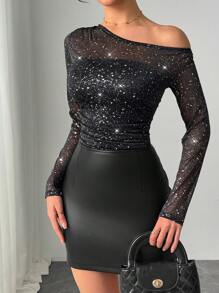 Chiquease Versatile Shoulder Revealing Silver Heat Printing Sexy Sheer Mesh Crop Top - Black - View 6