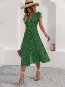 Breezaya Vestido casual con botones delanteros y estampado completo para mujer
