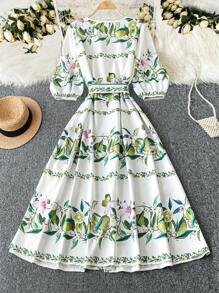 DreamSkyne Court Retro  Plus Size Women's Romantic Fruit Print Belted Short Sleeve Shirt Dress, Suitable For Dates, Gatherings, Work Commute, Daily Outings, St. Patrick's Day, Spring/Summer
