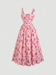 Sweetra Vestido largo con estampado floral vintage con cuello cuadrado y cintura ajustada para mujer