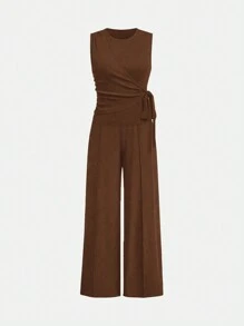 GlowEve 2pcs/Set Women's Solid Color Crew Neck Sleeveless Top And Long Pants Set - Brown - View 3