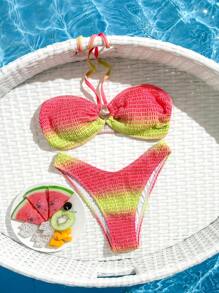 SHEIN Swim 2 Pieces Springbreak Random Digital Print Halter Elegant Minimalist Bikini Set, For Summer Beach Vacation - Multicolor - View 2