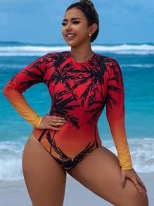 Swim SPRTY Summer Plus Size Women Tropical Plant & Coconut Tree Gradient Color Printed Hollow Back Long Sleeve Bodysuit, Surfing Sports - Multicolor - View 4