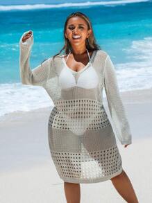 Swim Vcay 大码女式纯色镂空绑带长袖针织沙滩装比基尼罩衫，夏季 - 薄荷綠 - 查看 4