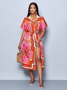 SOLERSUN Women's Patchwork Printed Dolman Sleeve Midi Dress With Waist Tie, Casual Resort Style