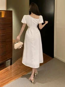 DAZY Einfarbiges asymmetrisches Schulter-Ausschnitt Midi-Kleid für Frauen, elegantes Sommerkleid, Kleid für Hochzeiten - Weiss - Übersicht 2