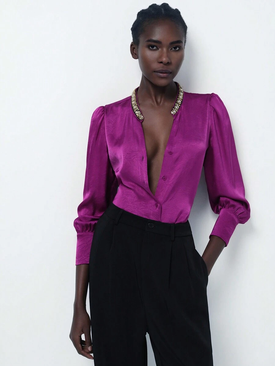 Aveloria Modichic Elegant Sexy Contrast Color Rhinestone Decor Glossy Satin Pleated Texture Long Sleeve Mid-Length Blouse For Women, Spring Fall Cloth For Women - Purple - View 1