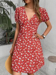 Chiquease Vestido y falda de verano con cuello en V y estampado floral diminuto para mujer, atuendo para vacaciones y playa