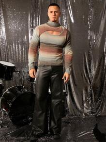 FeverCity Jersey de manga larga con cuello alto, efecto degradado y calado, de uso casual diario para otoño e invierno para hombres - Multicolor - Ver 2