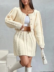 Women's Crew Neck Long Sleeve Simple Top And Skirt Knit Sweater Set Fall Cloth For Women - Khaki - View 4