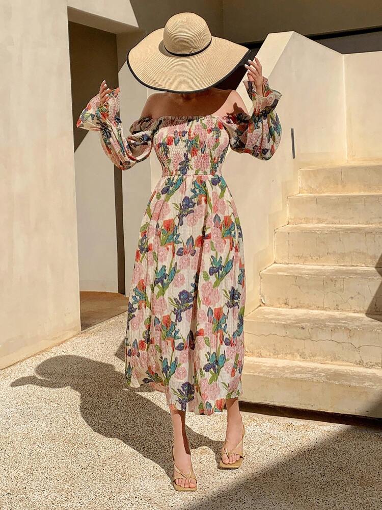 Allover Flower Print Off Shoulder Midi Dress For Women,Fall Dress Long Sleeve Dress Floral Boho
