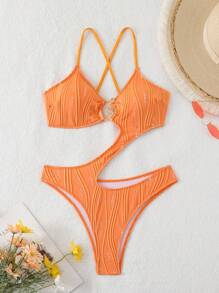 Swim SXY Maillot de bain une pièce sexy pour femmes Springbreak, à bretelles fines, avec texture orange et découpes. Idéal pour l'été et les vacances à la plage