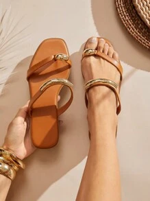 SHUZIA Women's Metallic Strap And Ring Thong Square Toe Pu Tan Flat Sandals- Bold, Modern & Stylish Spring Shoes Spring Break Easter Vacation Shoes Casual Shoes Beach Shoes - Brown - View 2