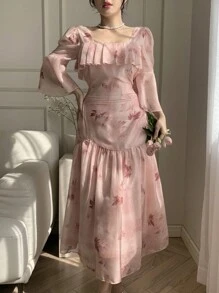 DAZY Floral Print Ruffle Hem Midi Dress For Women Prom Dress Easter - Pink - View 8