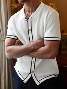 Manfinity CityGents Camisa casual de punto de manga corta con botones y ribete de contraste para hombres