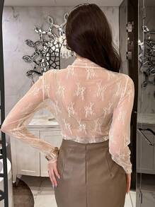 DAZY Blusa minimalista de manga larga, transparente y con cuello de pie de mujer, ropa casual de vacaciones