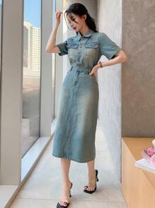 DAZY Western Style Women's Denim Clothing Washed Slit Pocket Ladies Denim Dress - Medium Wash - View 5