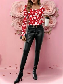 SHEIN Clasi Luipaardprint vierkante hals ballonmouw zwarte top, casual blouse met hartpatroon voor dames, geschikt voor lente en herfst voor Valentijnsdag